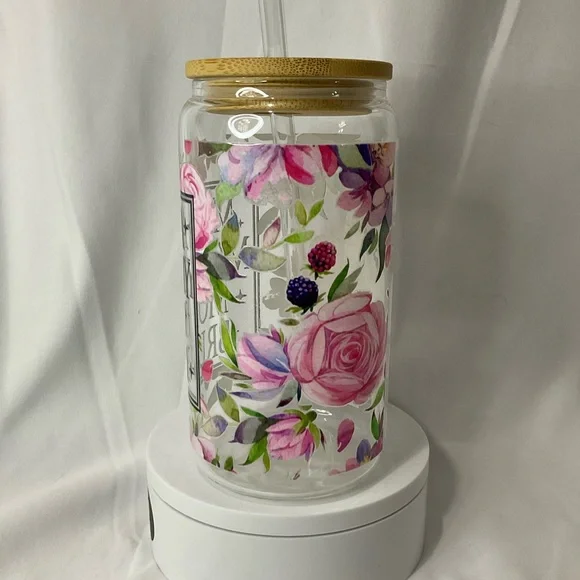 16 Ounce Handmade Clear Glass Can Cup, W/Lid & Straw, Mama Floral - Picture 4 of 13